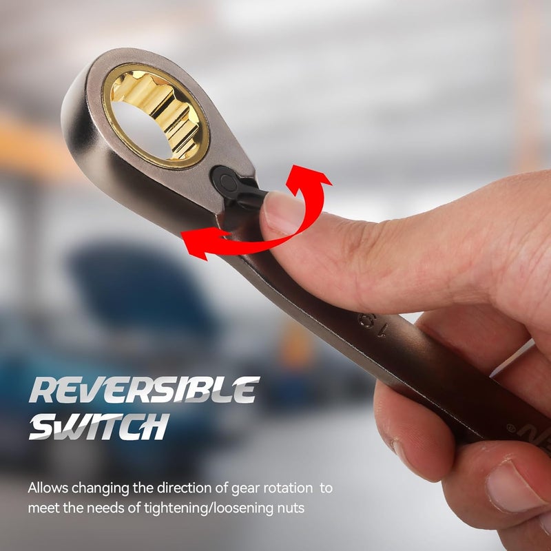 DISEN 12-Piece Reversible Ratcheting Wrench Set, Combination Wrench Set Metric 8-19MM, 72-Tooth, CR-V Steel, Nickel Plating, Crank Design with Organizer Rack - Image 2